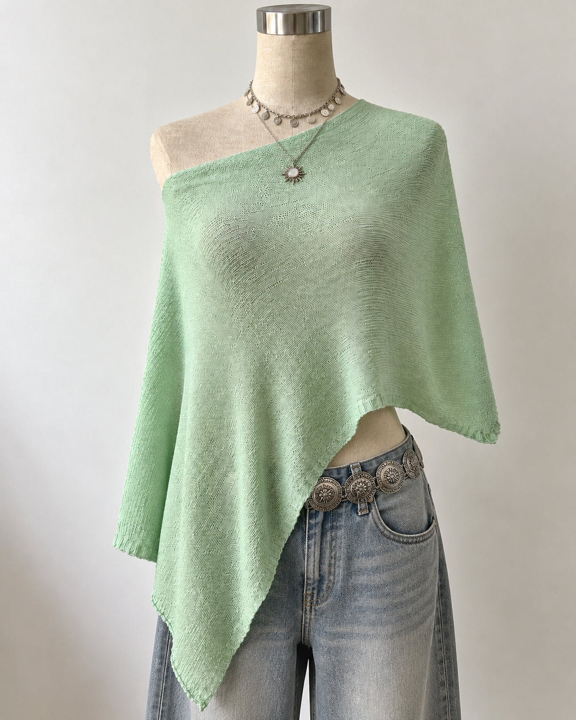 HIPPIE HOTTIE KNITTED LUXE PASTEL SAGE GREEN DRAPED PONCHO
