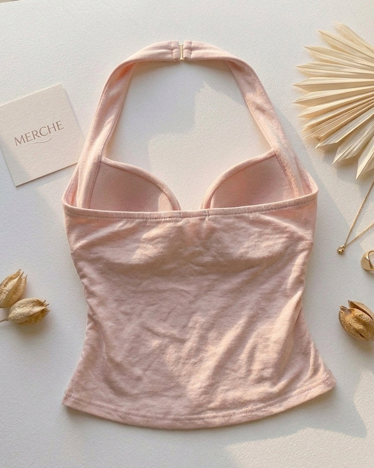 BROWNIE POINTS PADDED METAL DETAIL RUCHED BLUSH HALTERNECK TOP