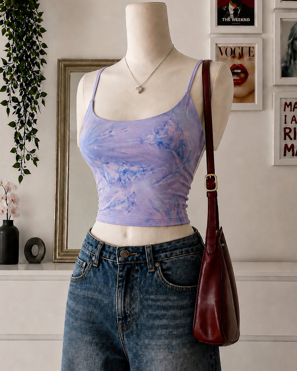 SUNSET SORBET TIE-DYE PADDED CROSSBACK LILAC TOP