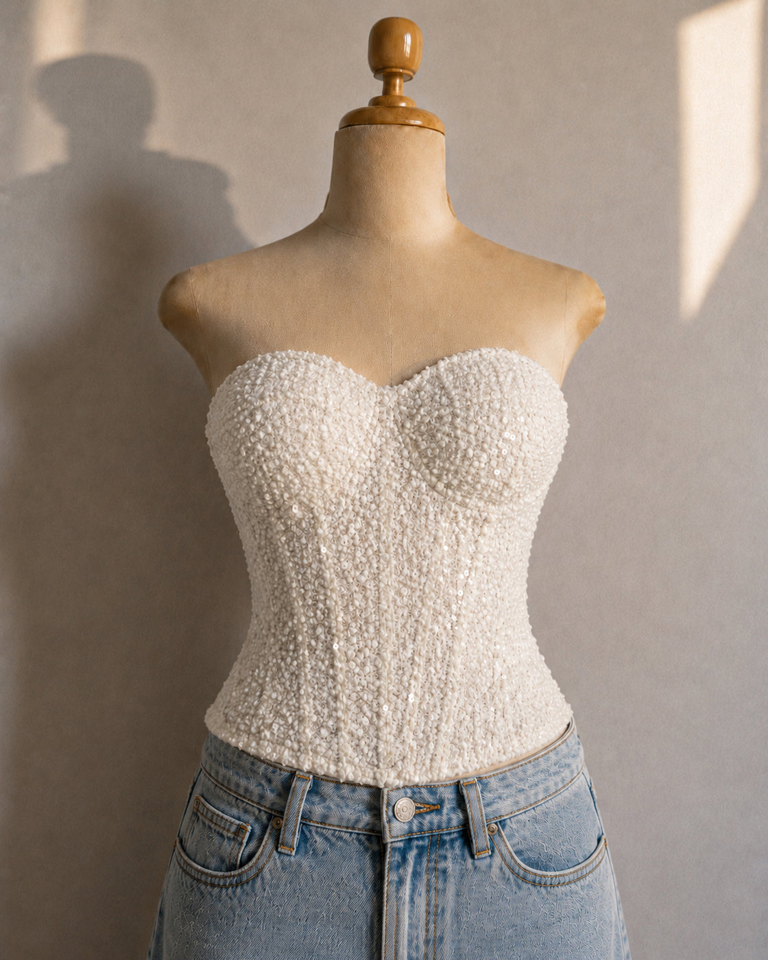 BLESS MY WARDROBE SEQUIN EMBELLISHED PADDED WHITE CORSET
