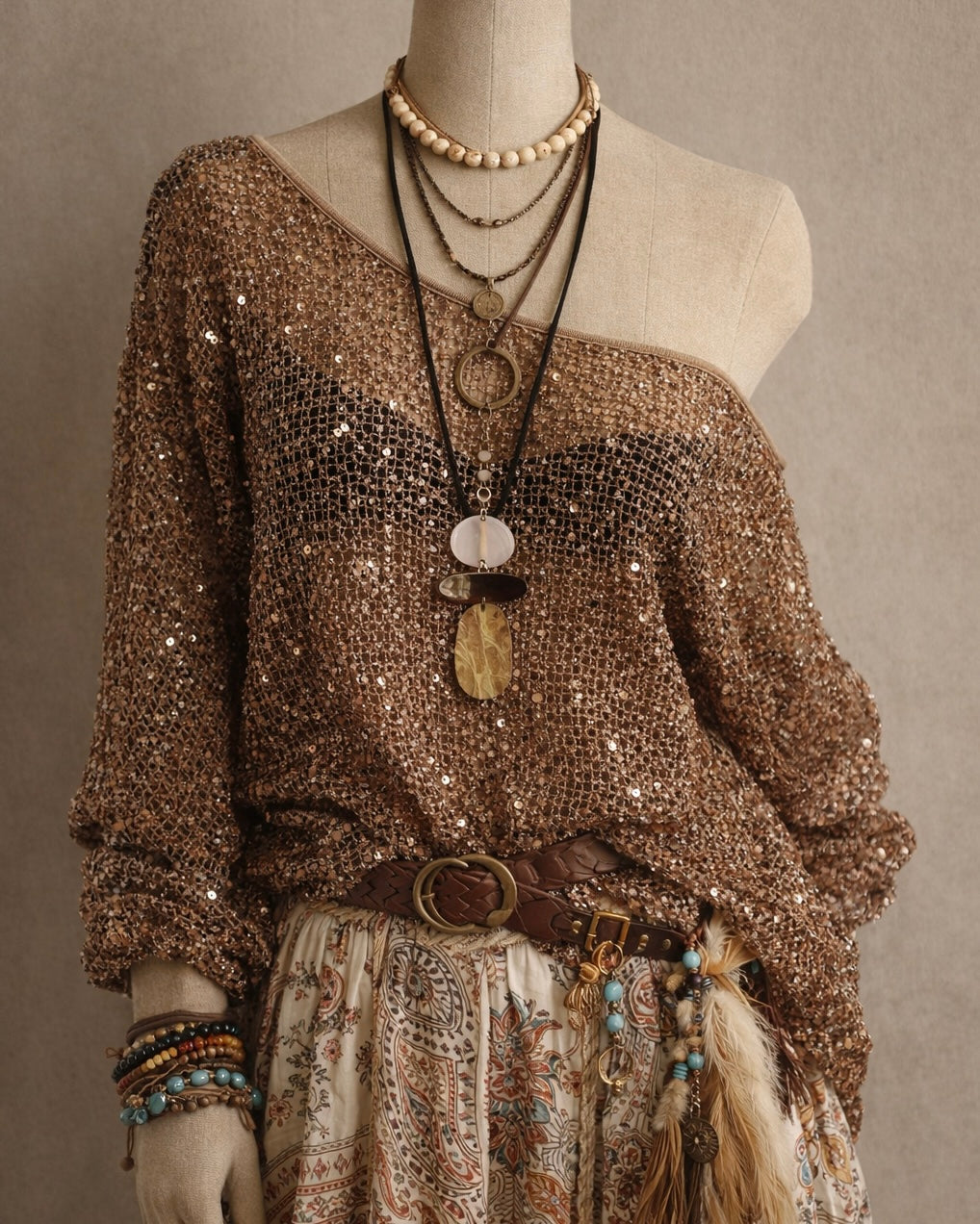 HELLO SERENA LUXE SEQUIN EMBELLISHED KNITTED BROWN TOP