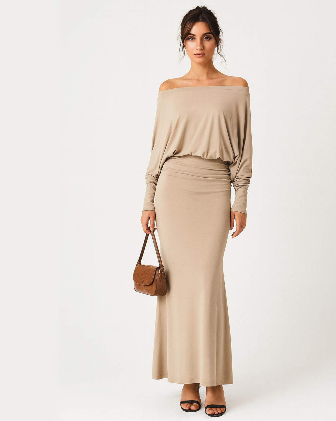 MYSTIC SOUL BEIGE OFF-SHOULDER DRAPED MAXI DRESS
