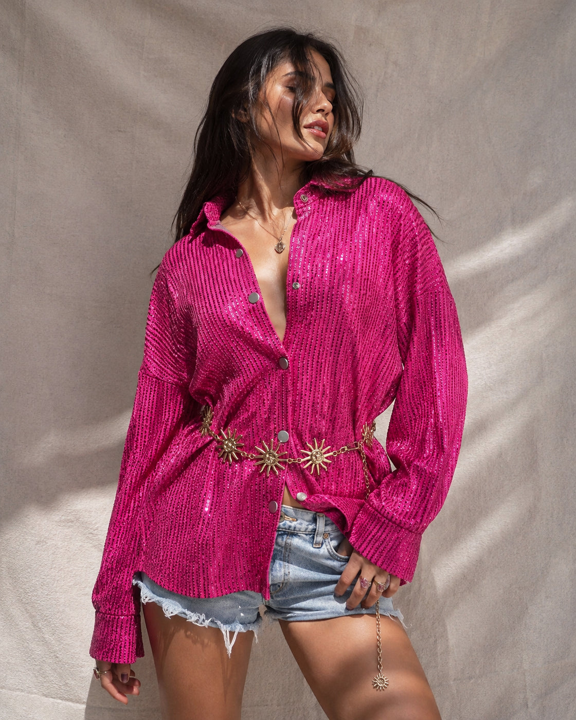 CAUGHT MY ATTENTION PINK SEQUIN LONG SHIRT