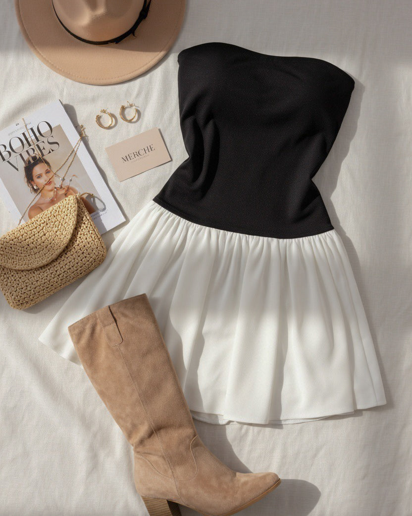 PREP ME UP MONOCHROME FLARE BANDEAU DRESS