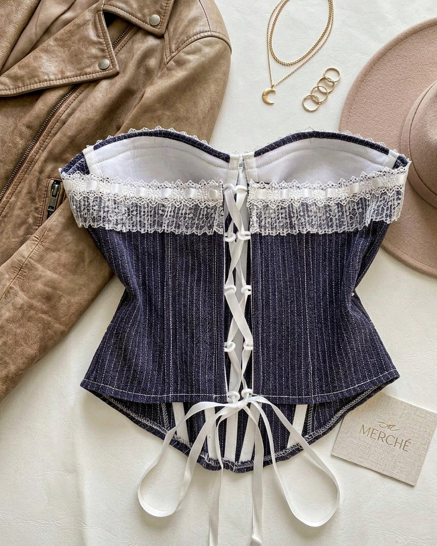 HOT TAKE PINSTRIPE LACEY INDIGO CORSET