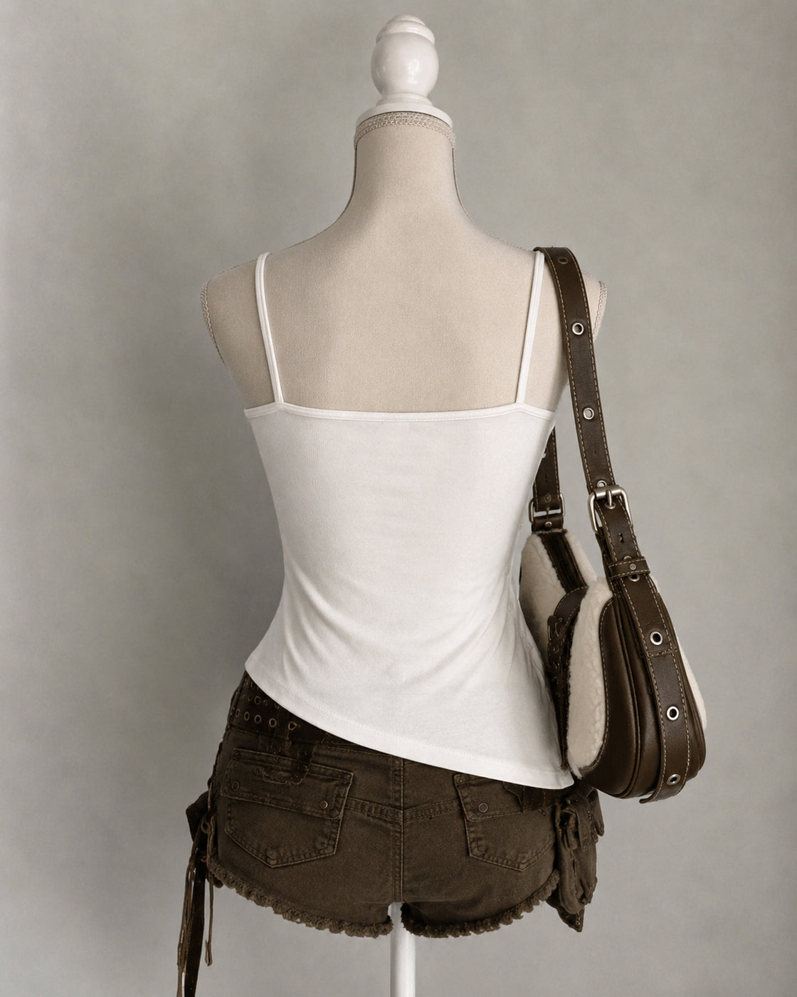 LITTLE MISS NEVER PADDED WHITE BUTTON DETAIL ASYMMETRICAL CAMI TOP