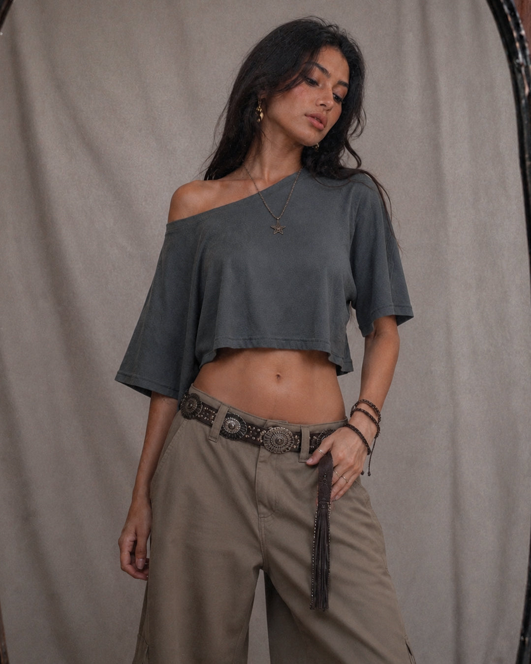 CHILL SIREN OFF-SHOULDER GREY LUXE TOP