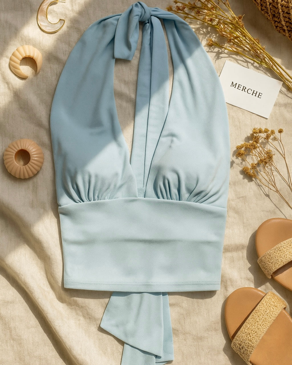 PAST LIFE BLUE LUXE DRAMA STRAPS HALTERNECK TOP