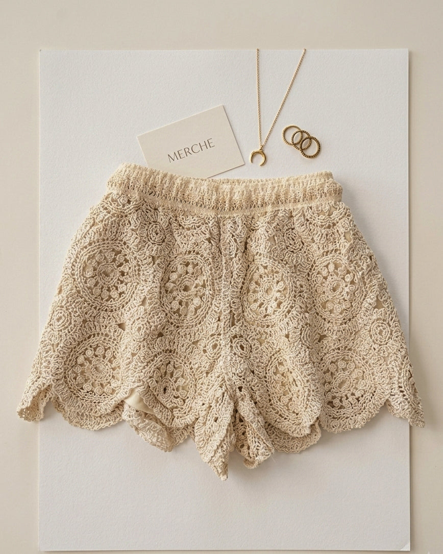 WHERE THE WAVES ARE BEIGE LACEY LUXE CROCHET SHORTS