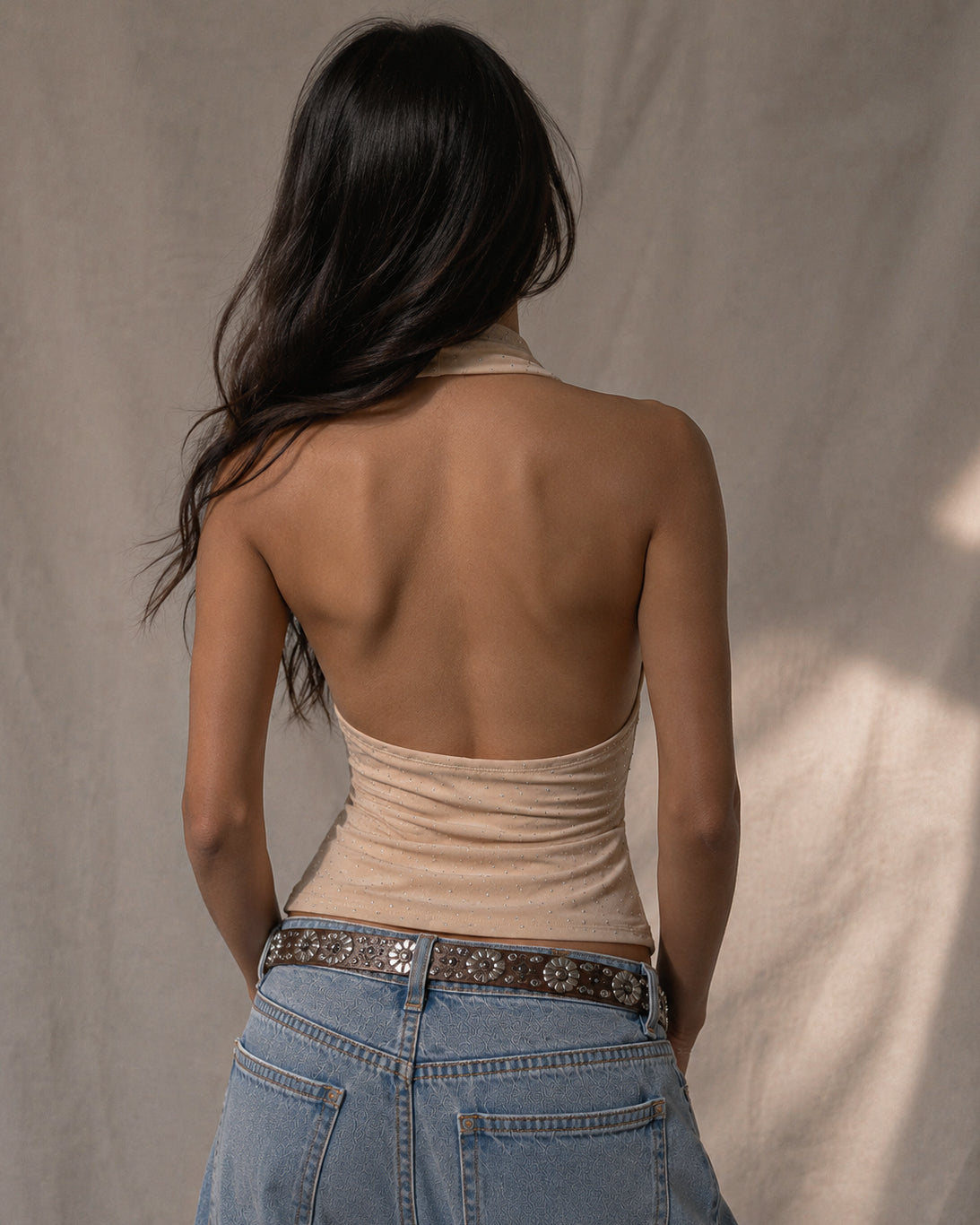 PHI PHI NIGHTS RHINESTONE EMBELLISHED BEIGE HALTERNECK TOP
