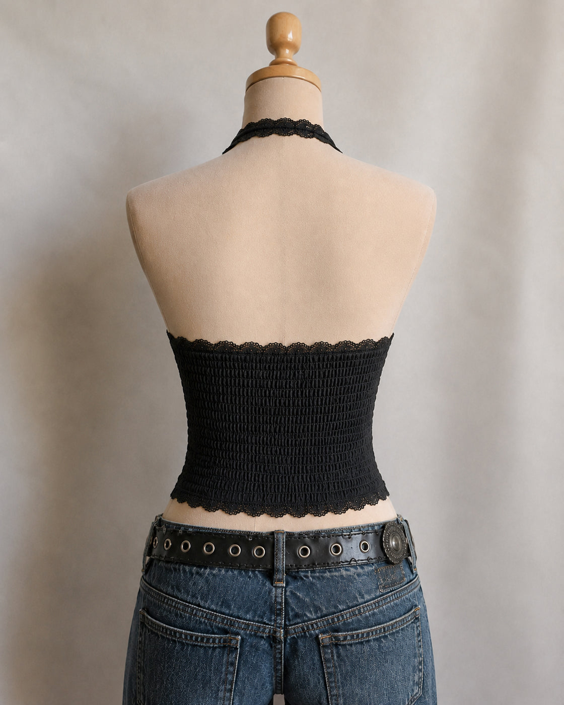 DINNER WITH ME PADDED LACEY HALTERNECK TOP