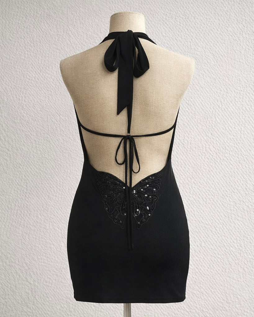 JUST THAT GIRL APPLIQUE EMBELLISHED HALTERNECK BLACK DRESS