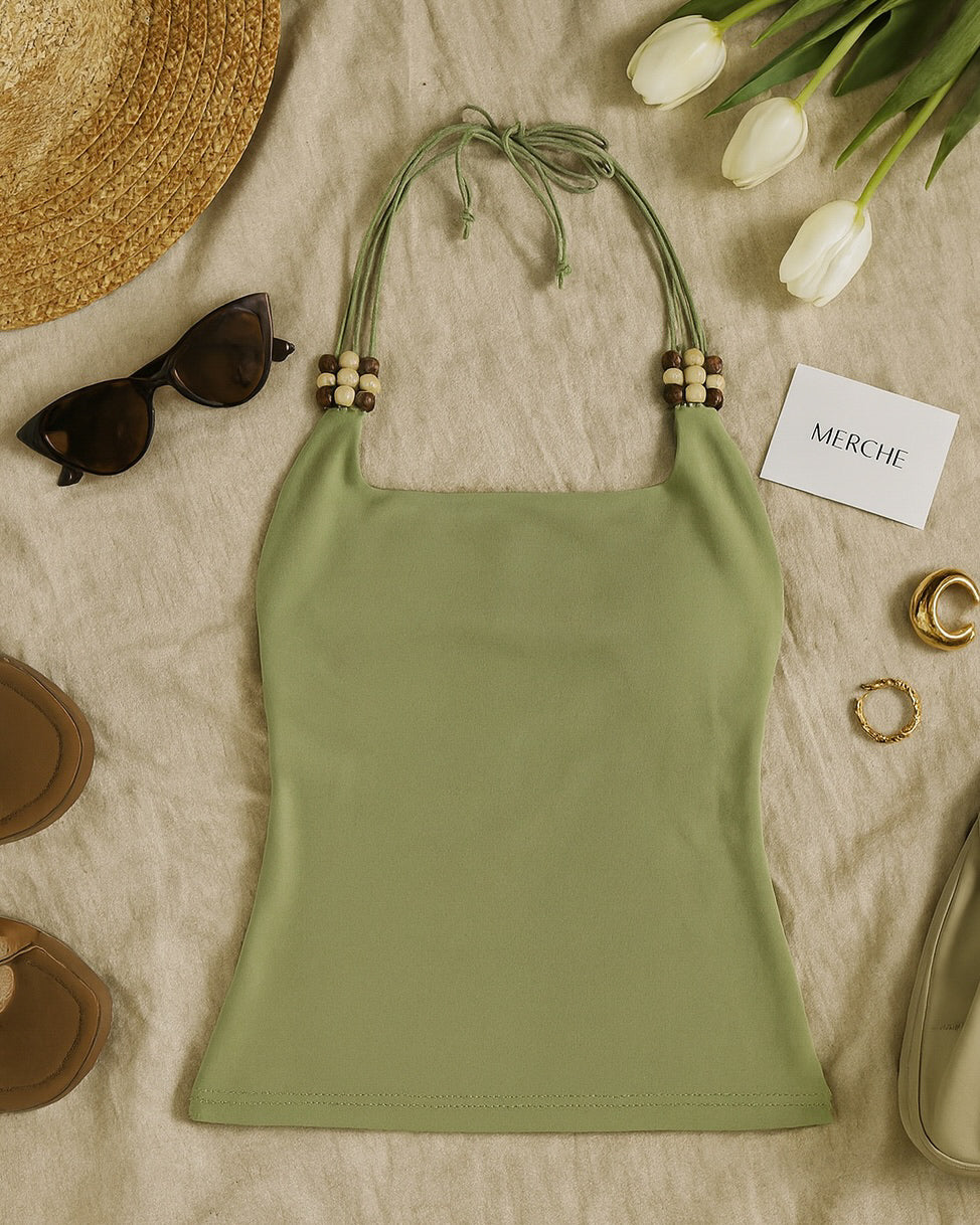 EFFORTLESS HOUR BEADED GREEN HALTERNECK TOP
