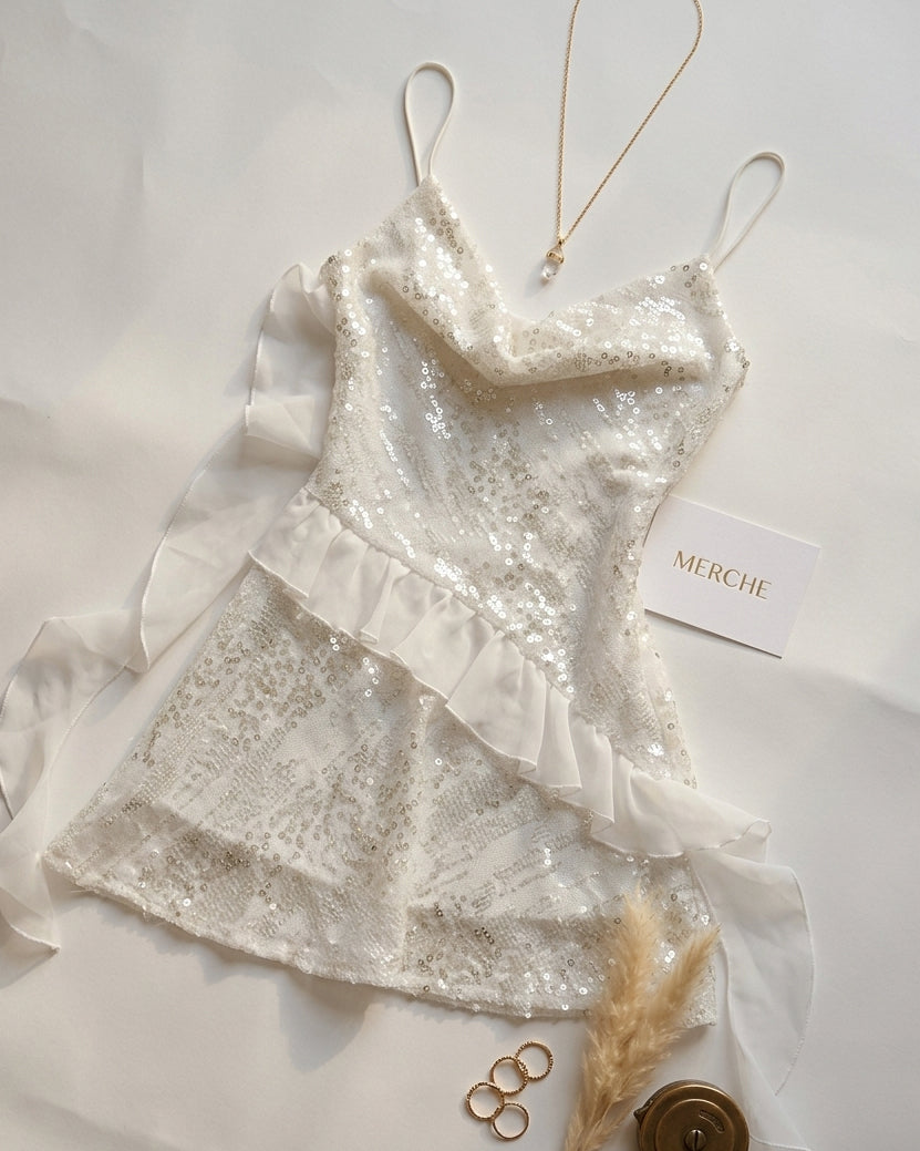 CALL US NOMADS GLITTER EMBELLISHED RUFFLE WHITE DRESS