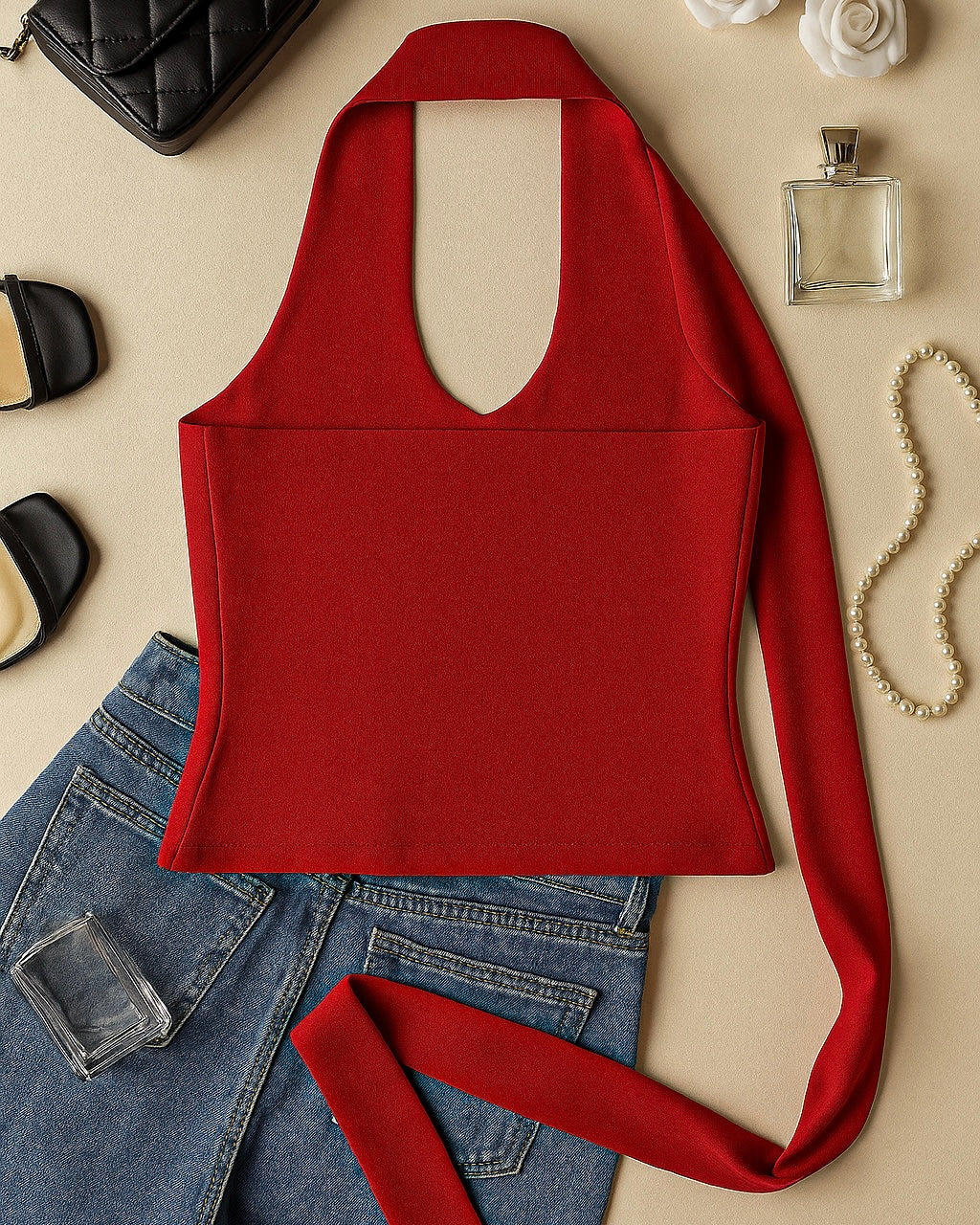 STAYCATION LIFE ROSE APPLIQUE LUXE RED HALTERNECK TOP