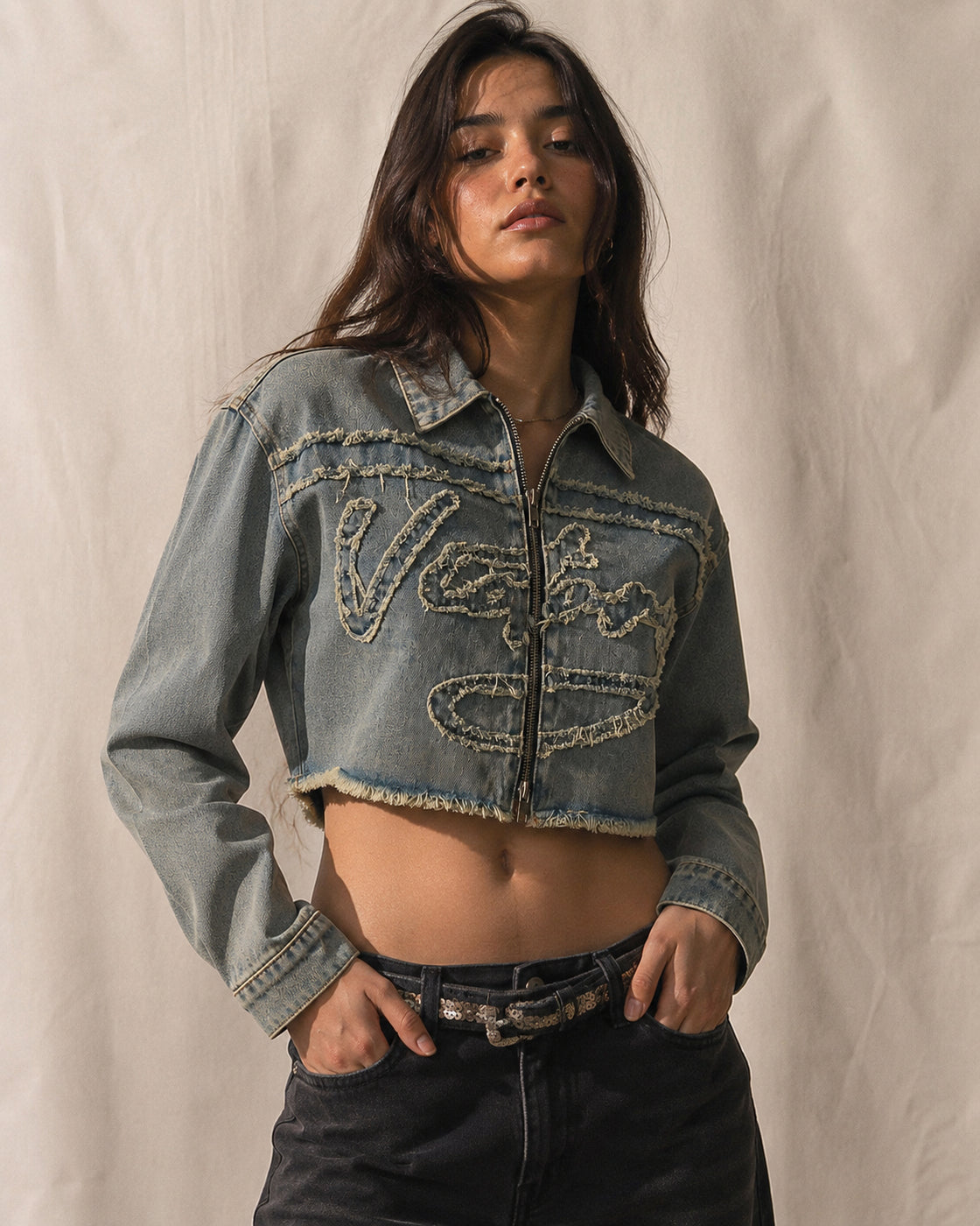 THERE’S VICTORY ALL OVER BABE, ZIP-UP DENIM JACKET