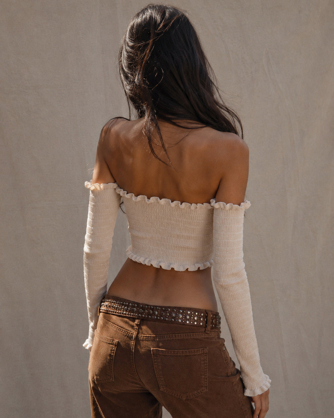 LATTE ME BE THE MOMENT KNITTED OFF-SHOULDER TOP