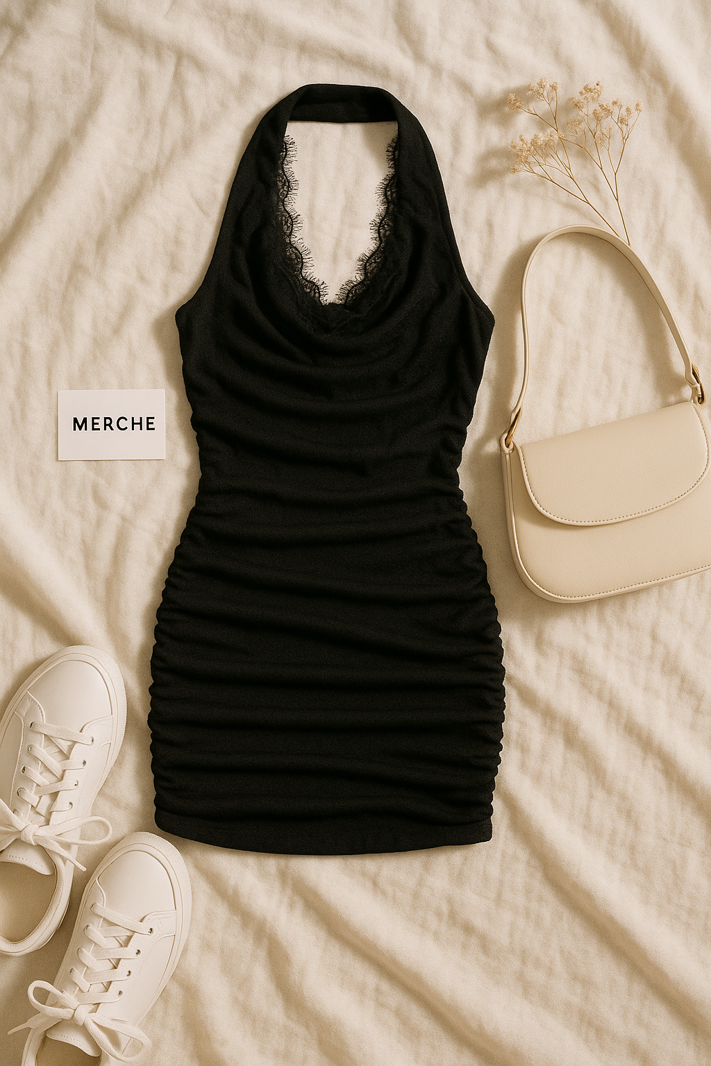 BOYFRIEND MATERIAL RUCHED LACE HALTERNECK DRESS