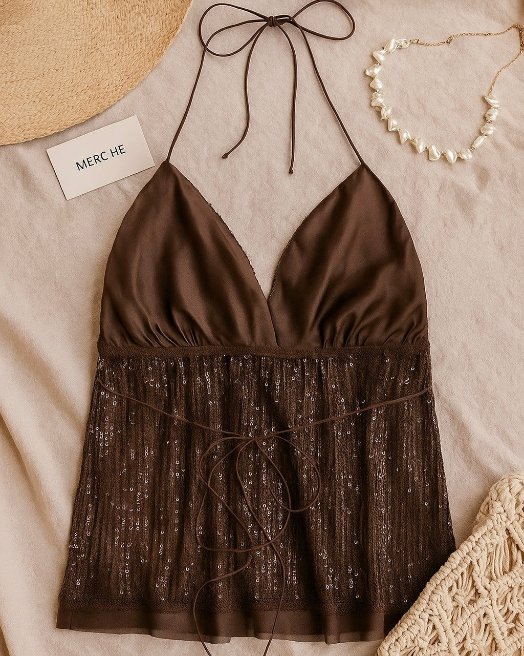 SERVING HOT BROWN SEQUIN EMBELLISHED HALTERNECK TOP
