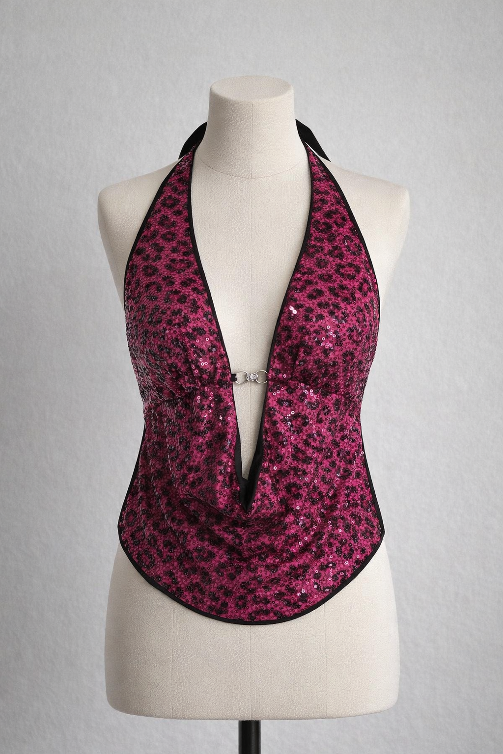 WORTH IT LUXE SEQUIN AND DIAMOND BROOCH EMBELLISHED PINK BACKLESS TOP