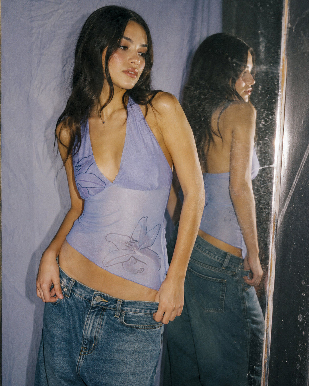 THEN I MET YOU MESH LILAC HALTERNECK TOP