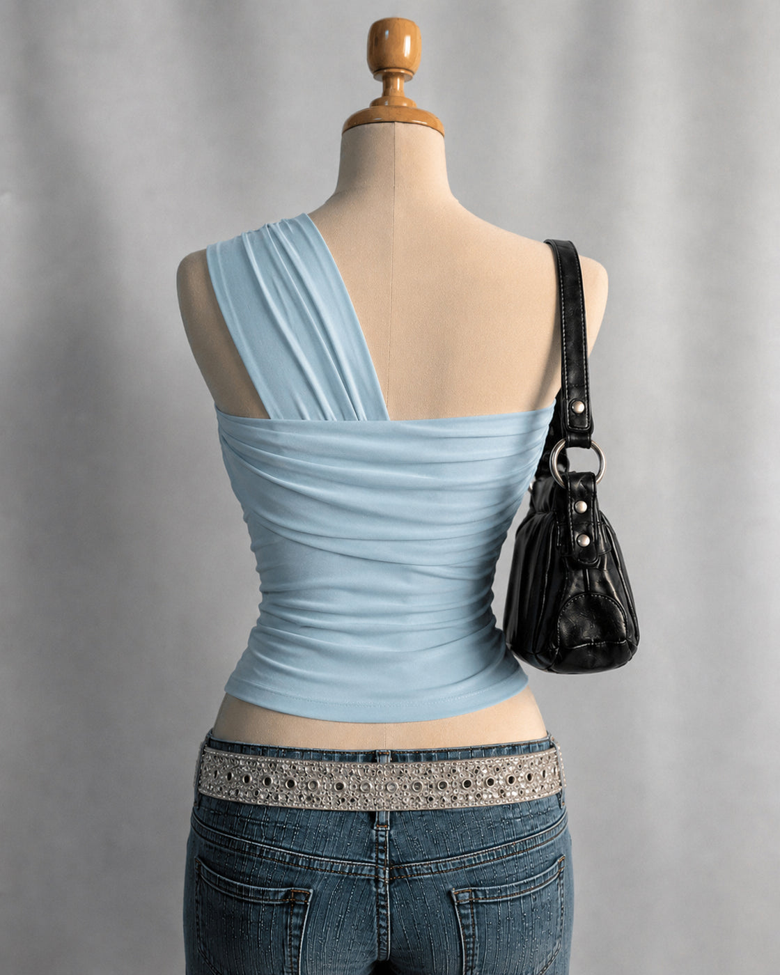 POST BREAKUP FIT DRAPED SHOULDER ICE BLUE ASYMMETRICAL TOP
