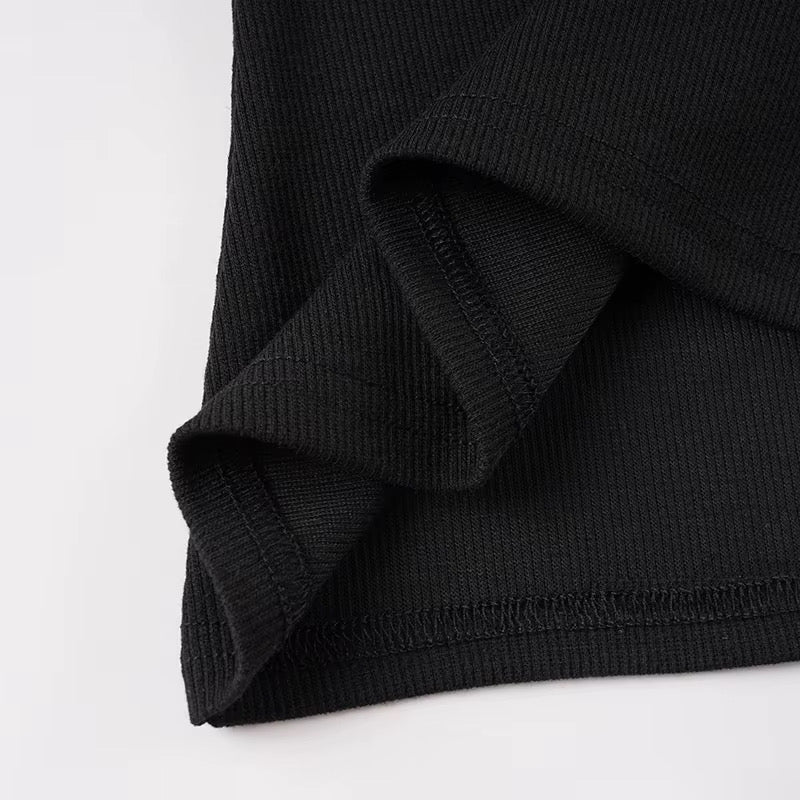 SASS FOR BREAKFAST RIBBED OFF-SHOULDER BLACK TOP