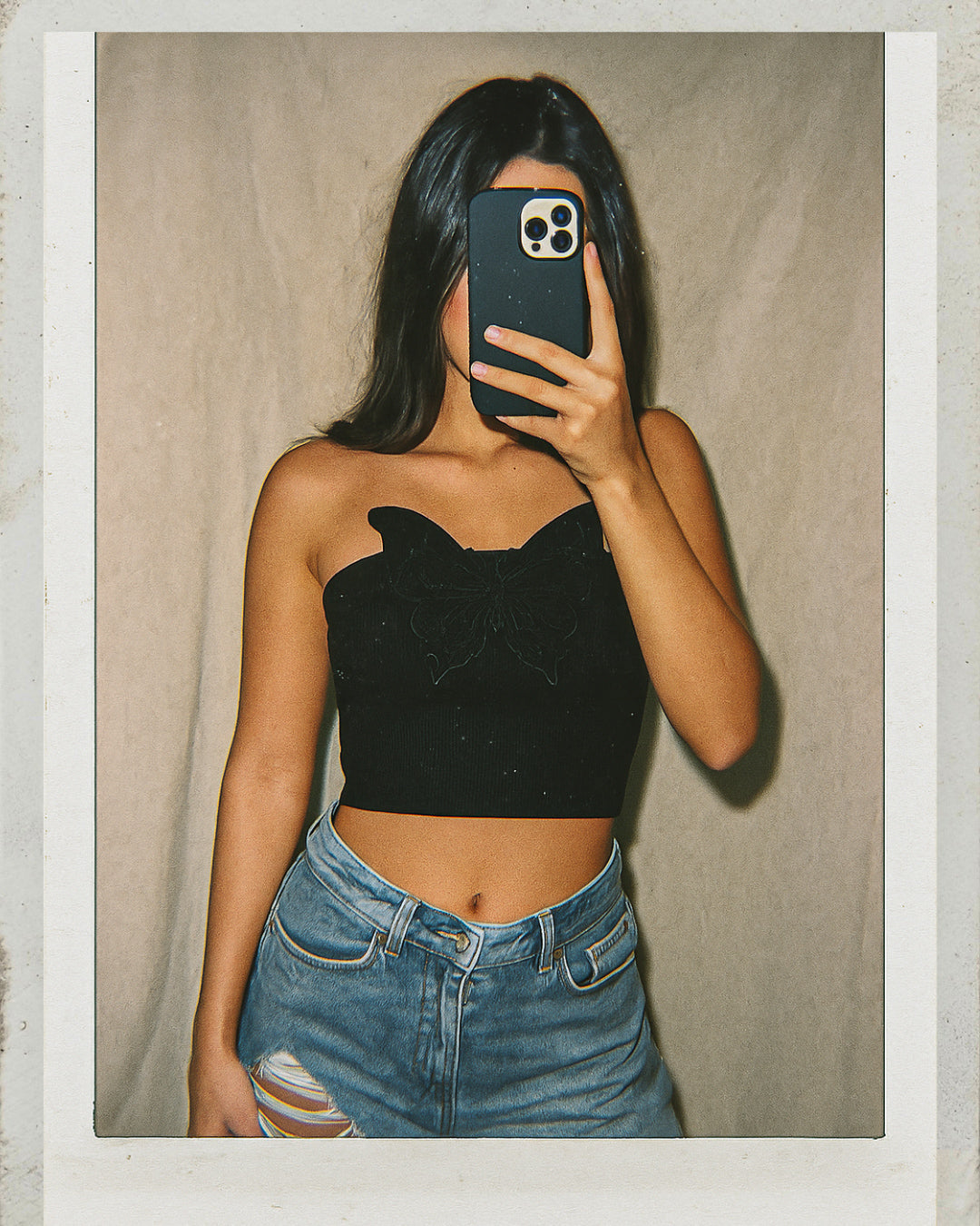 BLESSED LIFE APPLIQUE BLACK BANDEAU TOP