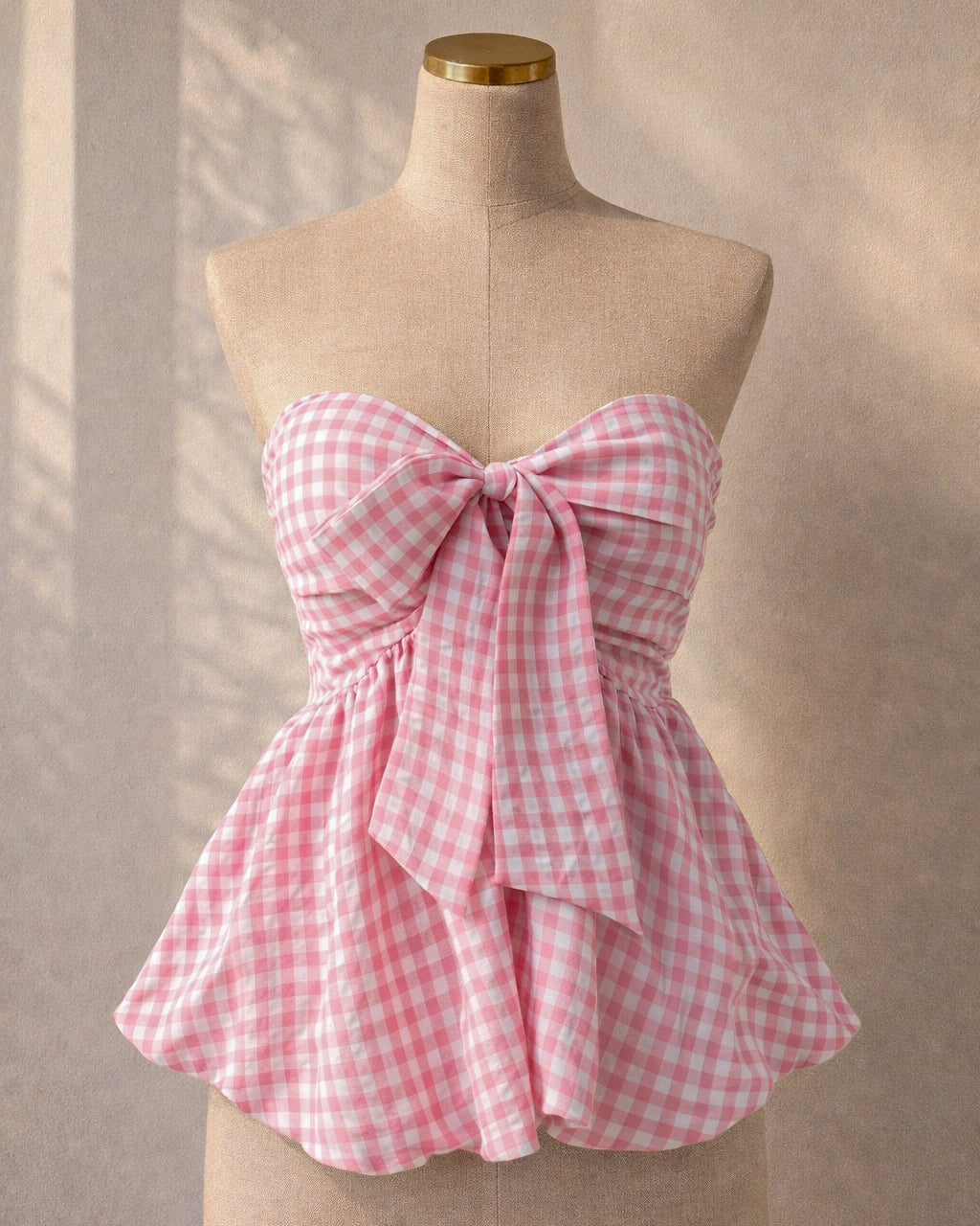 CHECKMATE BABE PADDED BOW PINK GINGHAM TOP”
