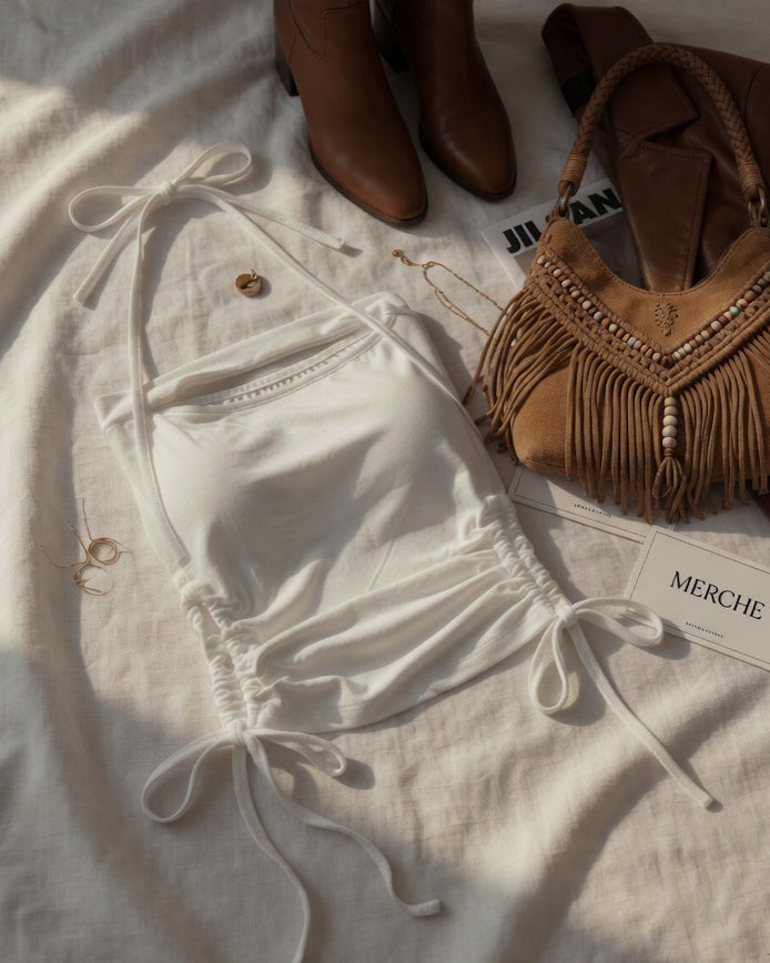 COOL MUSE SIDE CUT-OUT DRAWSTRING PADDED WHITE HALTERNECK TOP