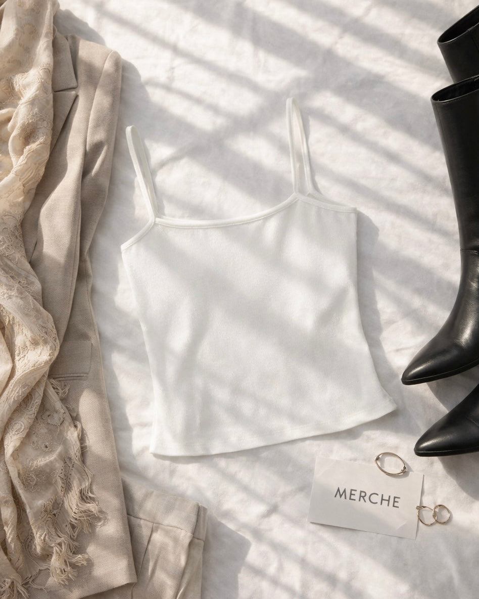 WINGS OF MINE MESH DRAPE WHITE CAMI TOP