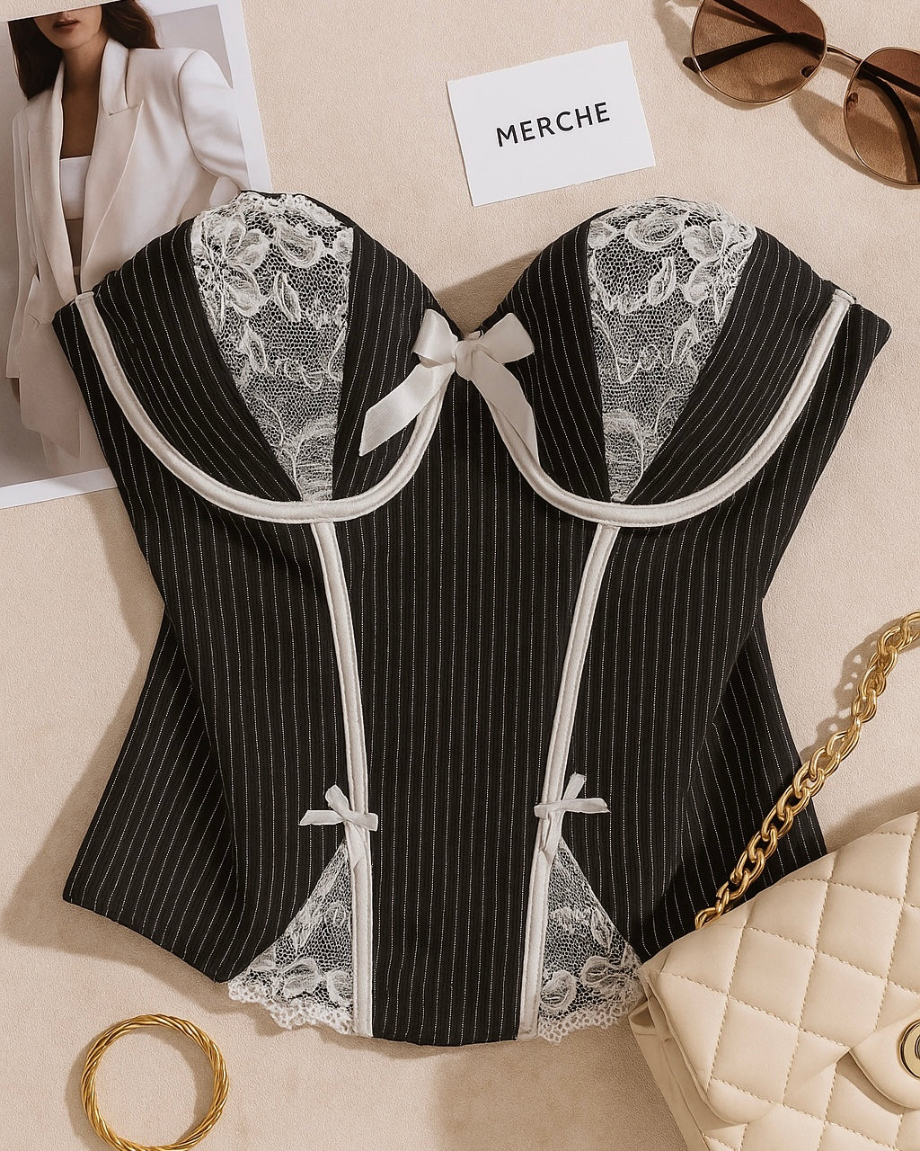PLOT TWIST PINSTRIPE LACE CORSET