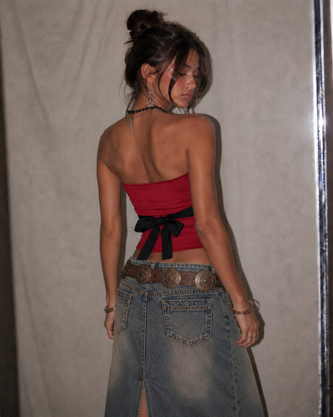 KAROKE NIGHT BOW-BACK RED BANDEAU TOP