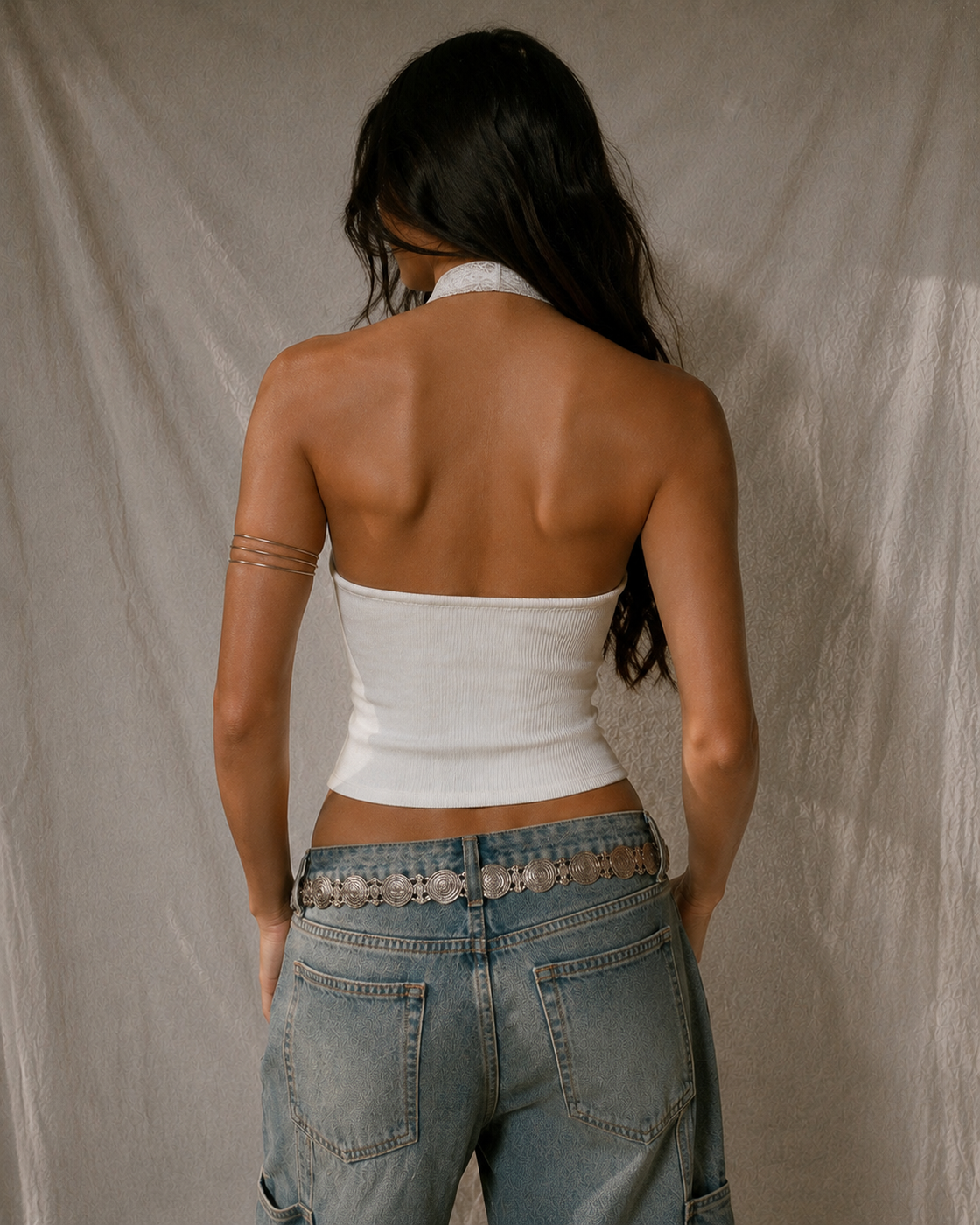 HIDDEN AGENDA LACE DETAIL KNITTED LUXE HALTERNECK WHITE TOP