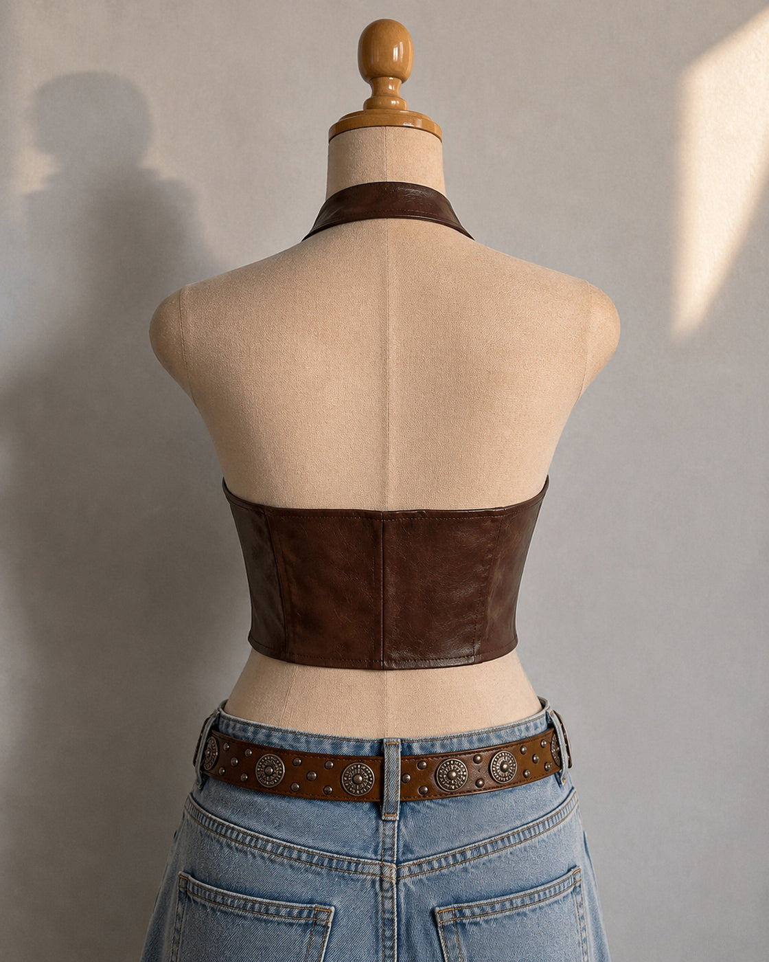 HIGH MAINTENANCE FAUX LEATHER BROWN HALTERNECK TOP