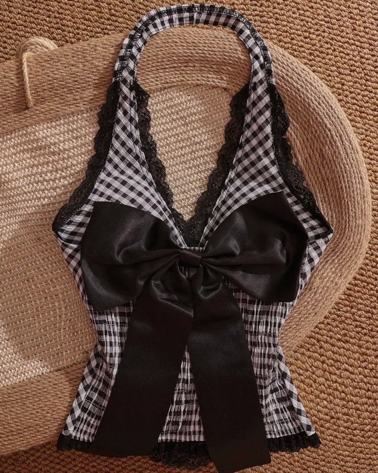 BEING NINETEEN BOW BACK CHECKS BLACK HALTERNECK TOP