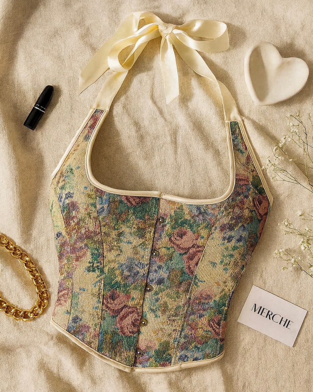 SCANDAL ERA BEIGE FLORAL JACQUARD CORSETRY HALTERNECK TOP