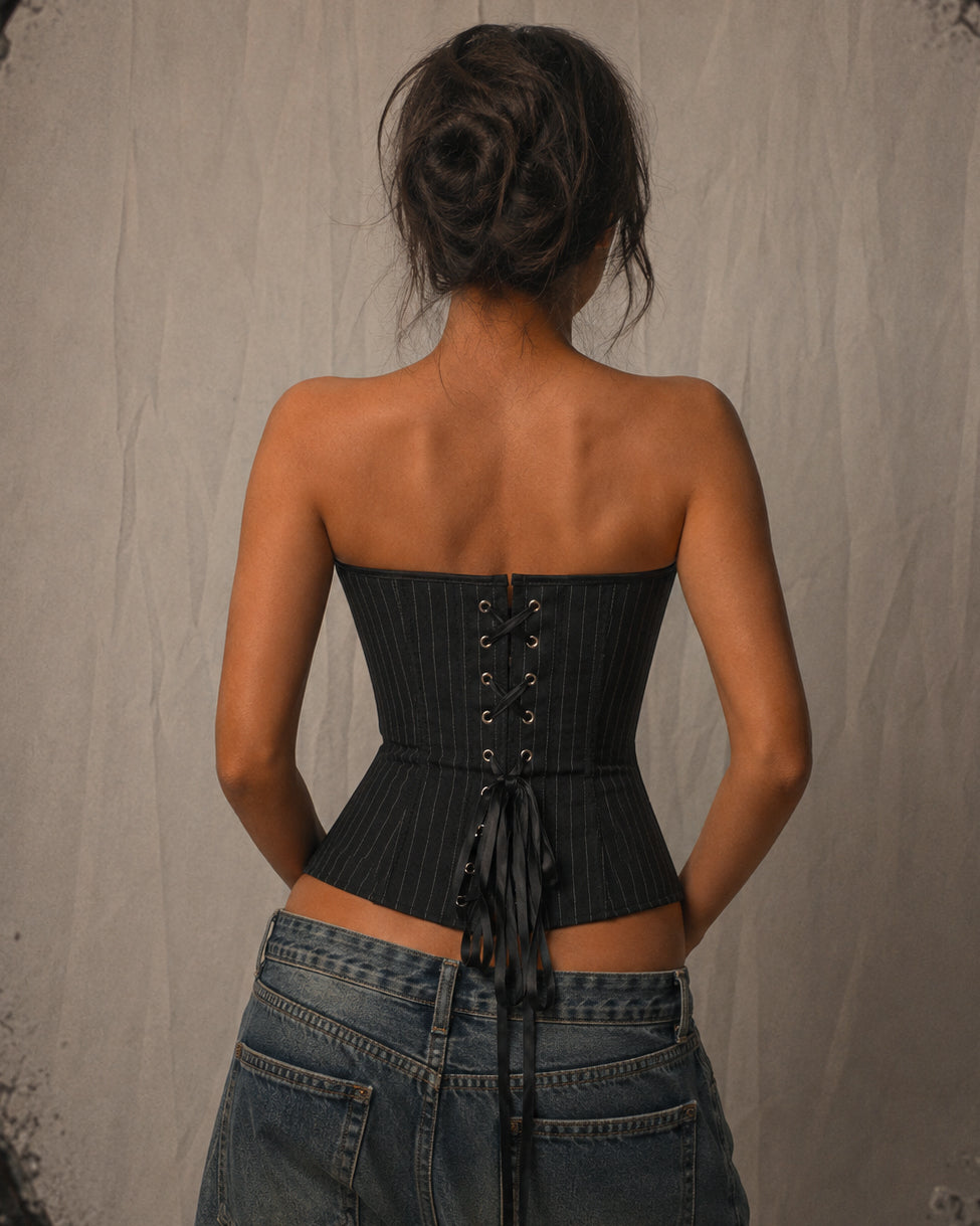 GATEKEEP THIS PINSTRIPE LUXE BLACK CORSET