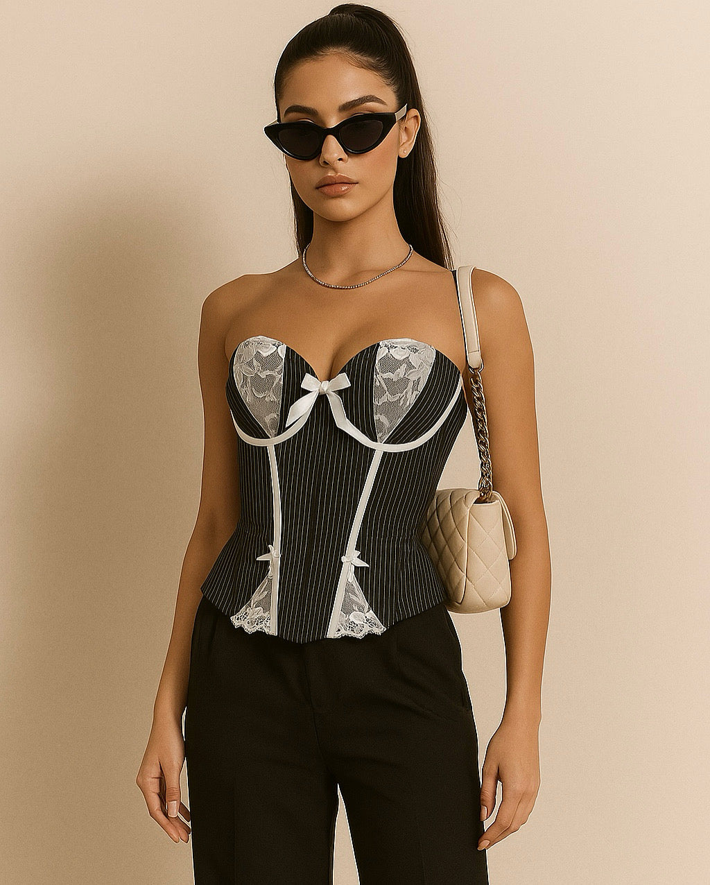 PLOT TWIST PINSTRIPE LACE CORSET