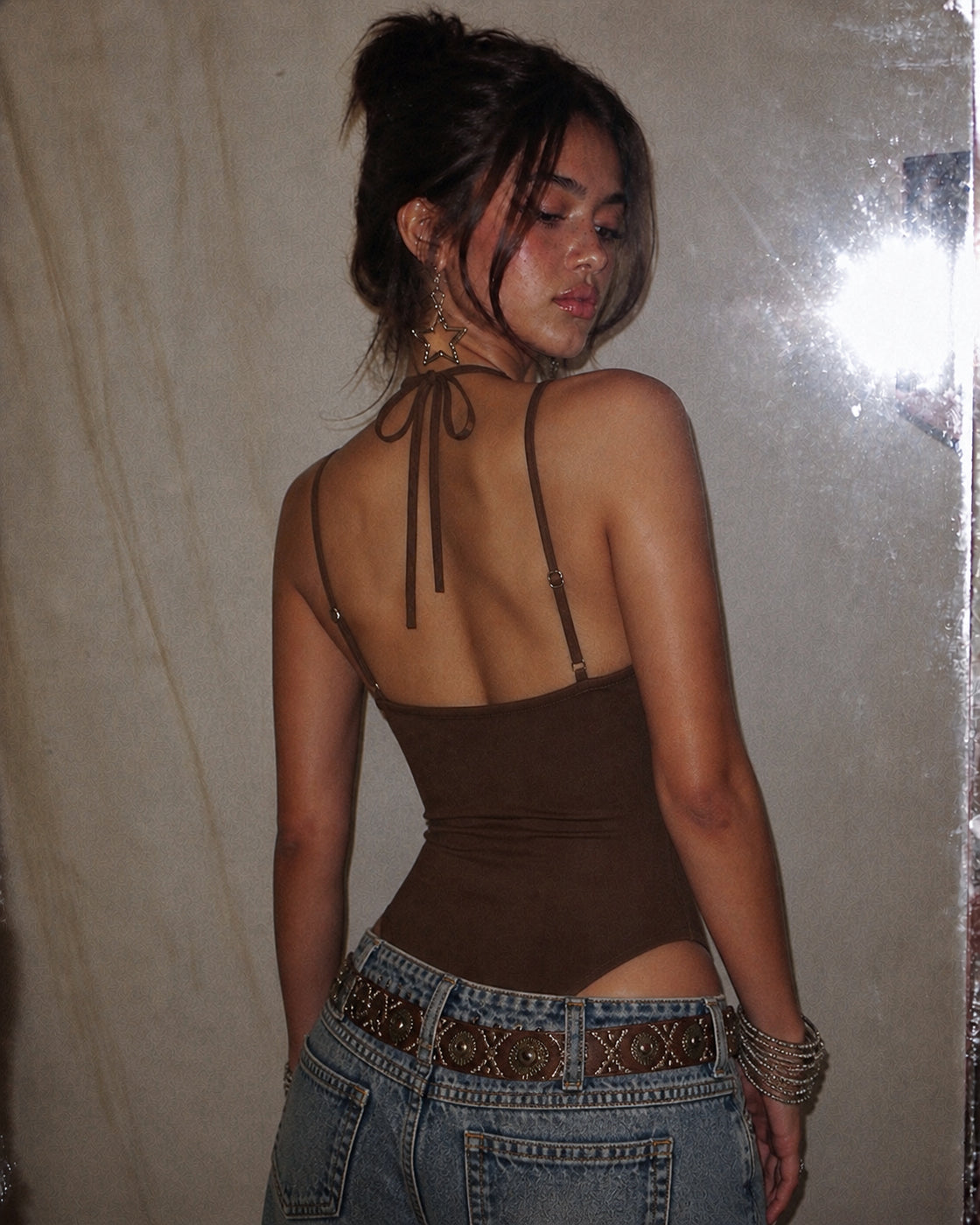 TALK OF THE FEED LACEY LUXE COCAO BODYSUIT