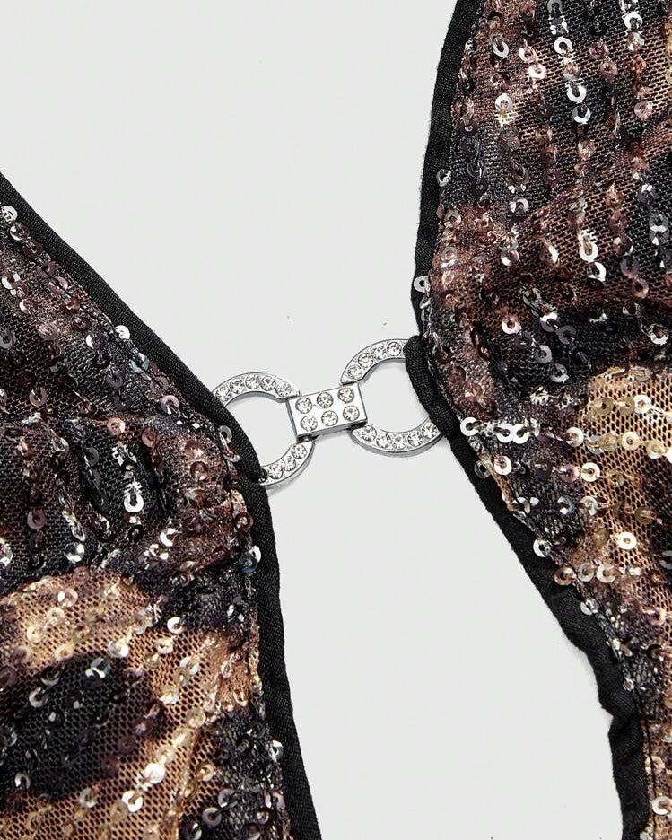 WORTH IT LUXE SEQUIN AND DIAMOND BROOCH EMBELLISHED BACKLESS TOP