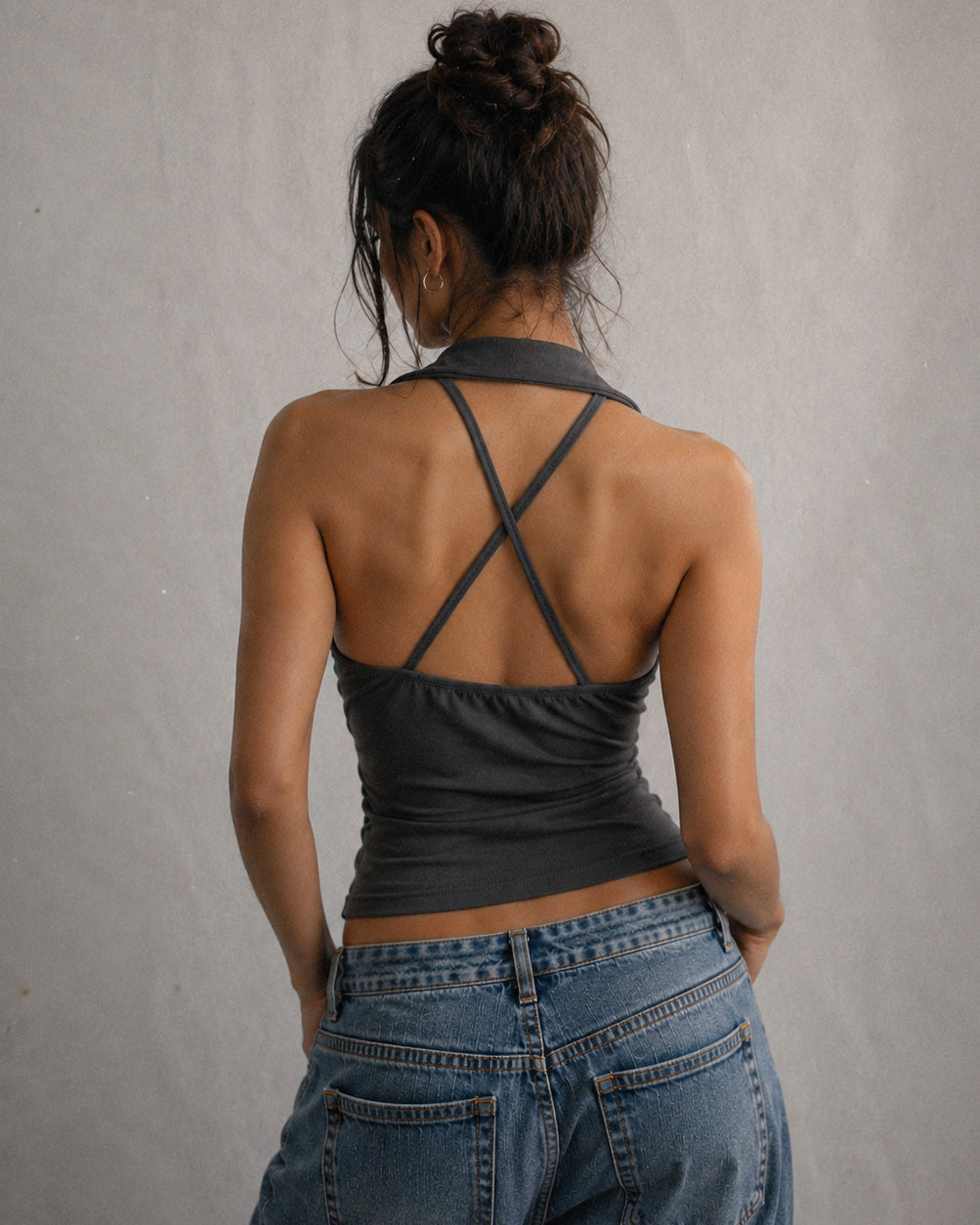 NOT YOUR MATCHA PADDED CROSSBACK COLLARED GREY TOP