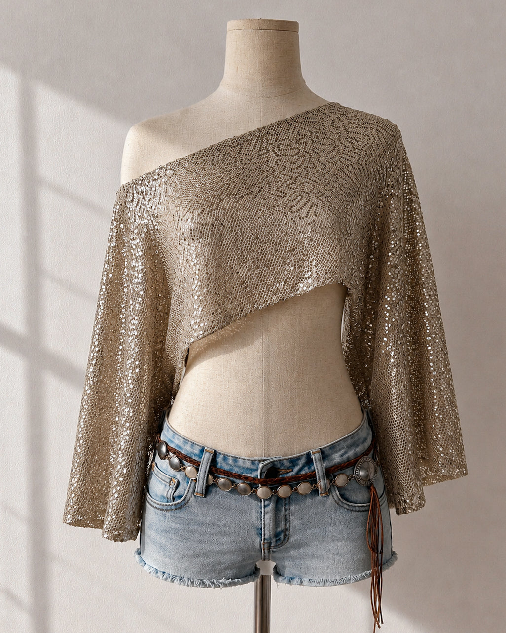 LOCAL DIVA OFF-SHOULDER SEQUIN CHAMPAGNE GOLD TOP