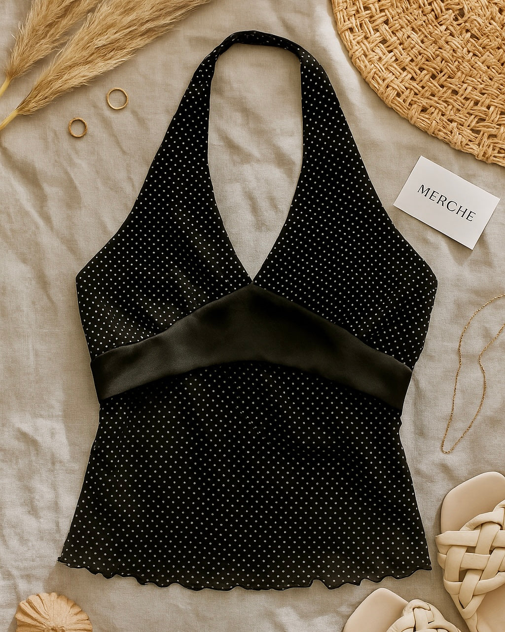 SPOTTED YOU BOW-BACK HALTERNECK TOP