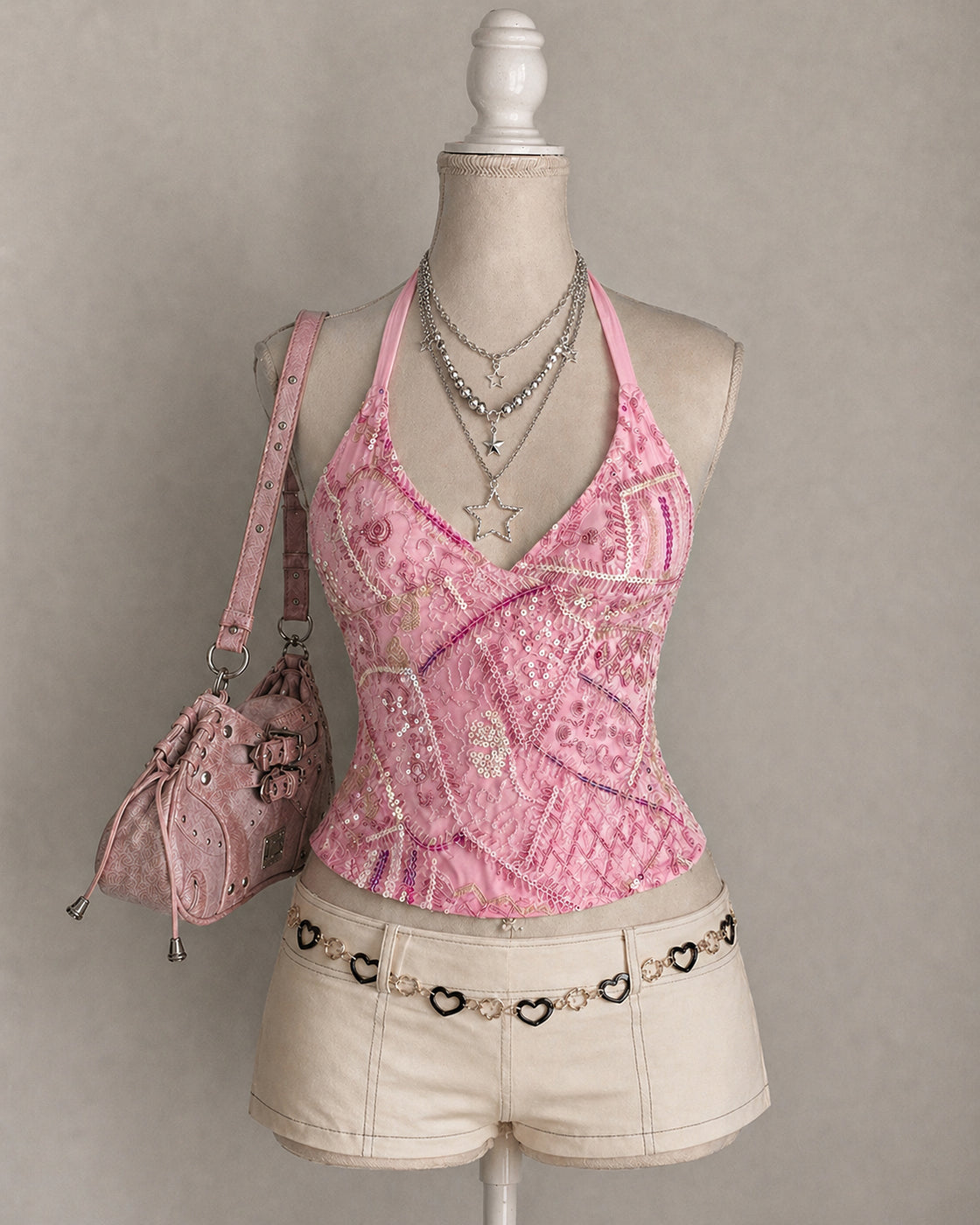 POP PRINCESS EMBROIDERED PINK BACKLESS TOP