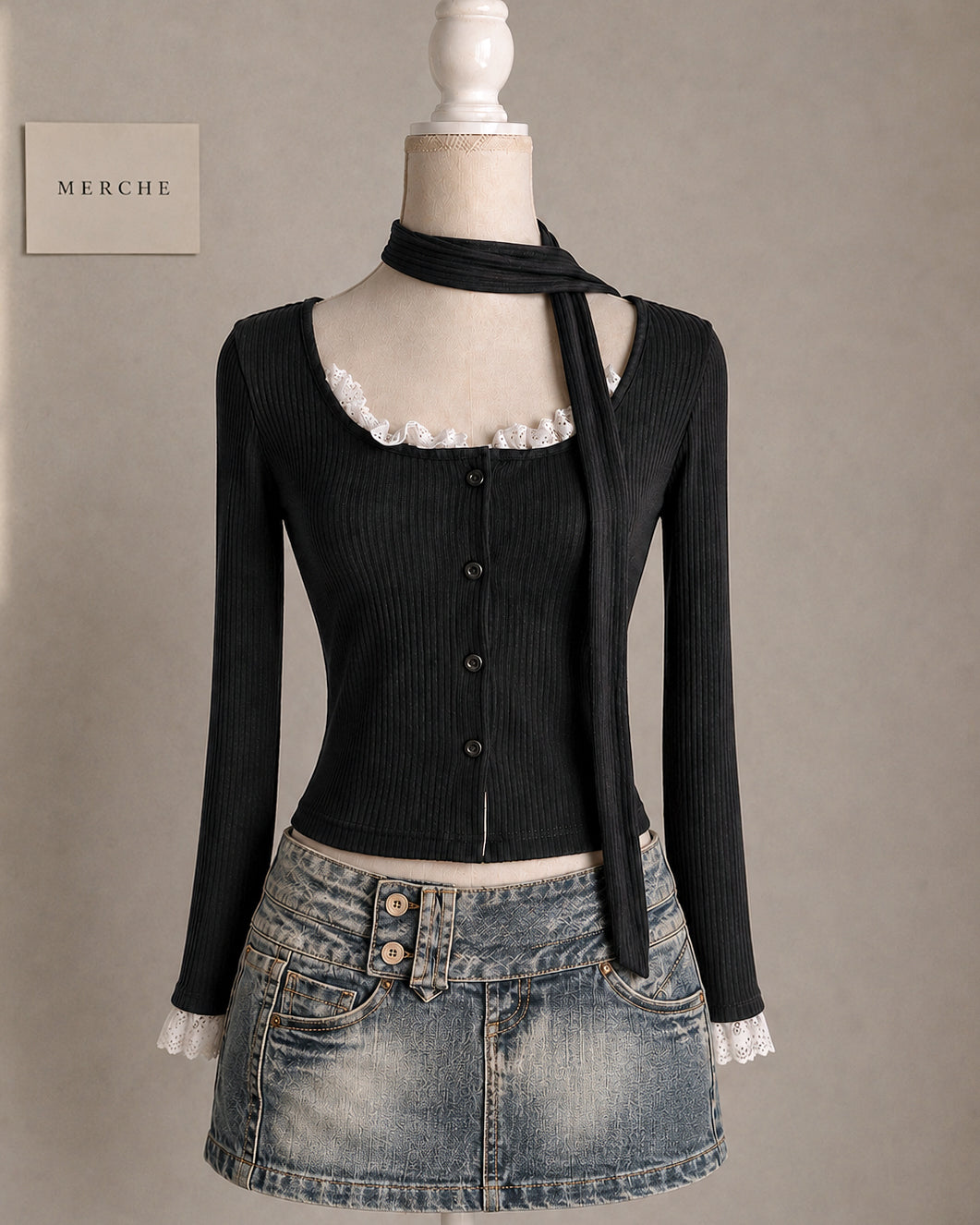 ITALIAN RIVIERA LACE DETAIL BLACK TOP WITH PENCIL SCARF