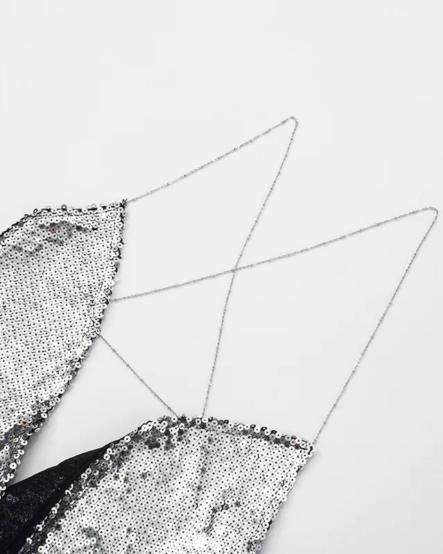 SAVAGE MOVE SEQUIN CHAIN COWL BACKLESS TOP