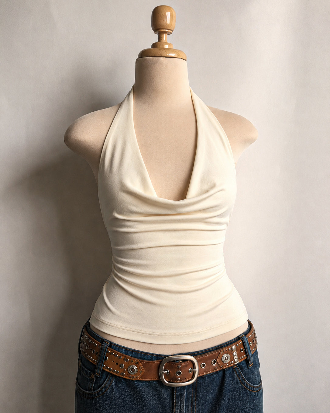 GIRLS WEEKEND COWL CREAM HALTERNECK TOP