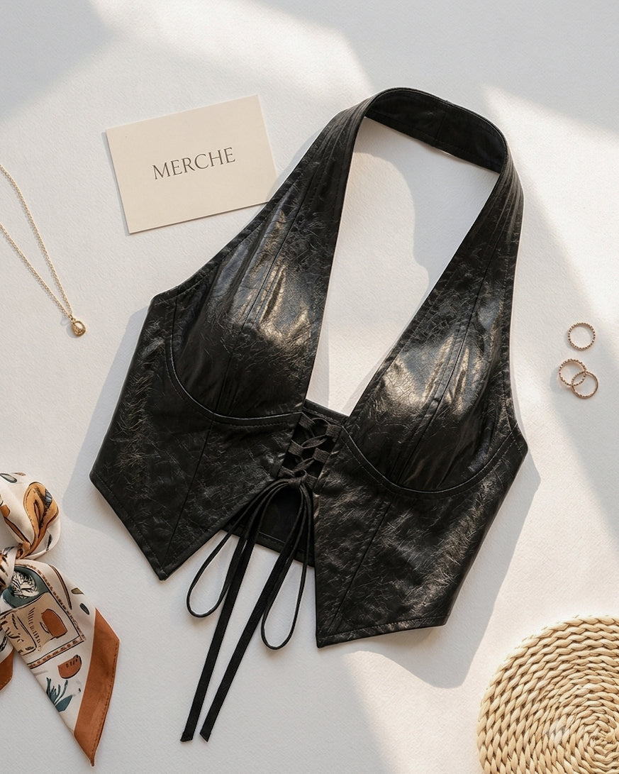 HIGH MAINTENANCE FAUX LEATHER BLACK HALTERNECK TOP