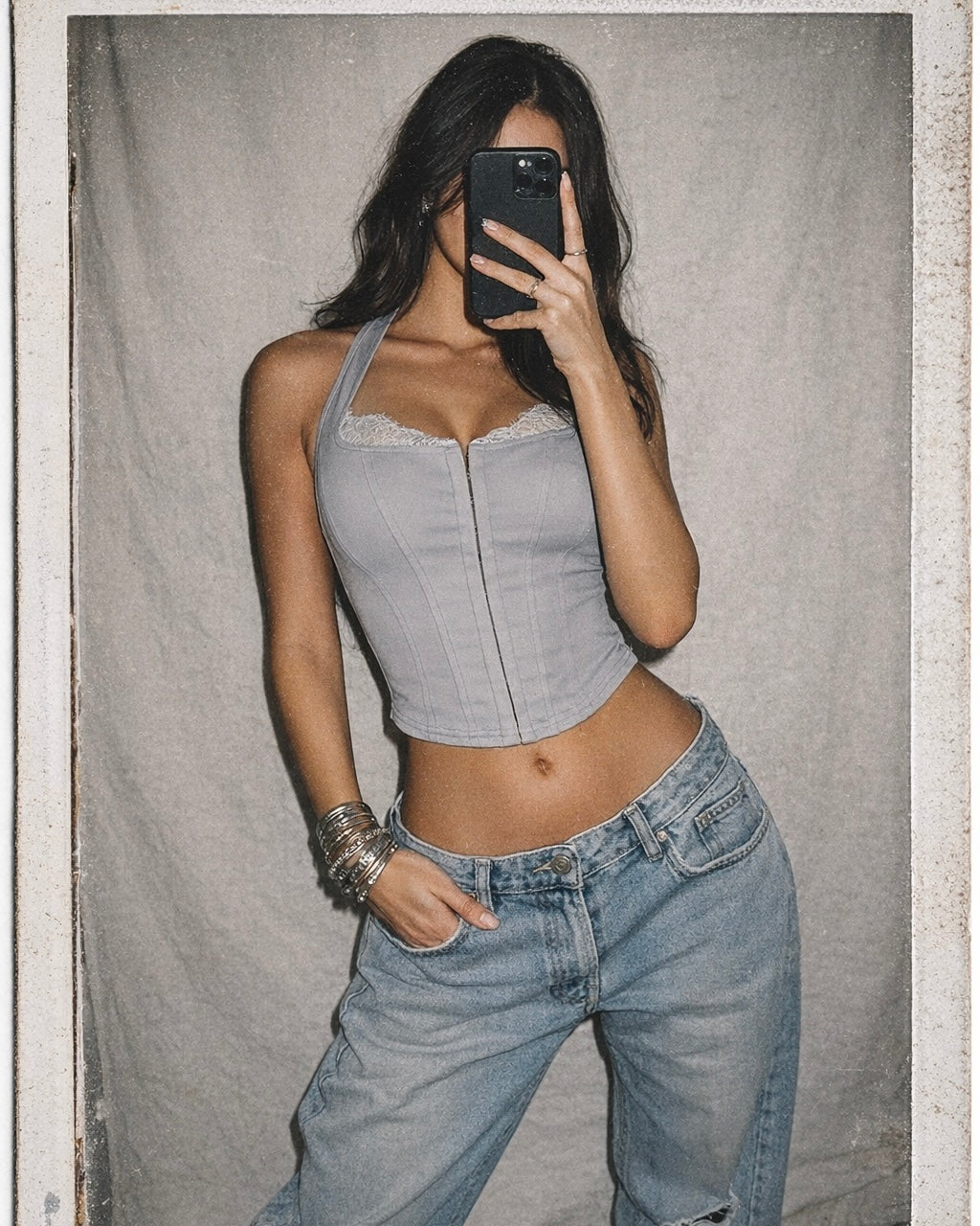 YOU CARE LACE DETAIL CORSETED HALTERNECK TOP